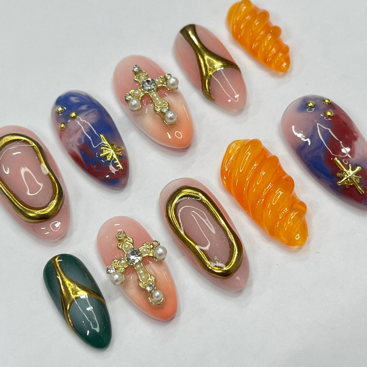Eclectic Blush, Green and Marbled Press On Nails with Gold Cross Accents