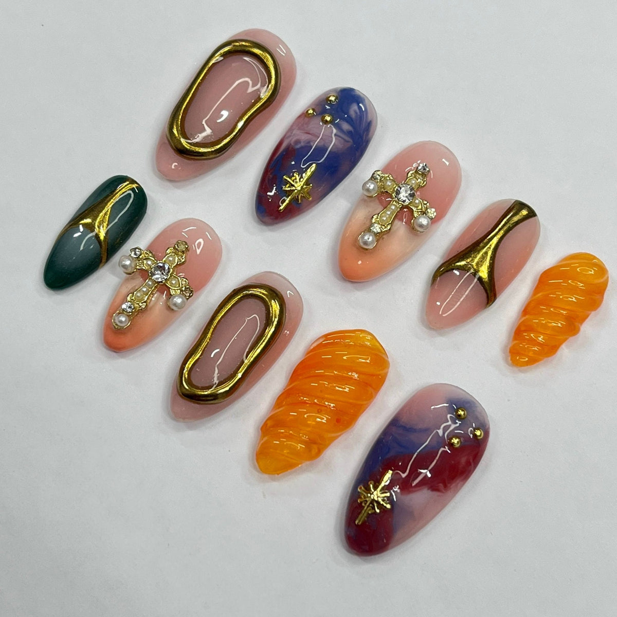 Eclectic Blush, Green and Marbled Press On Nails with Gold Cross Accents