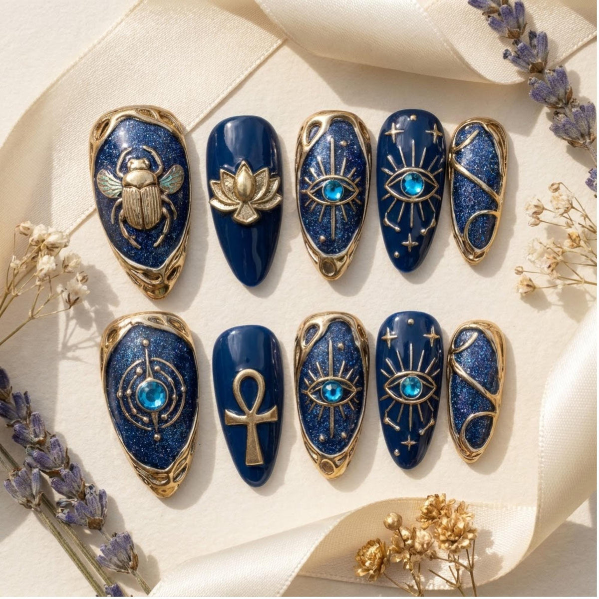 Egyptian Scarab Navy and Gold 3D Press On Nails