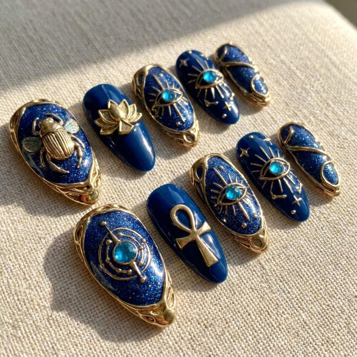 Egyptian Scarab Navy and Gold 3D Press On Nails