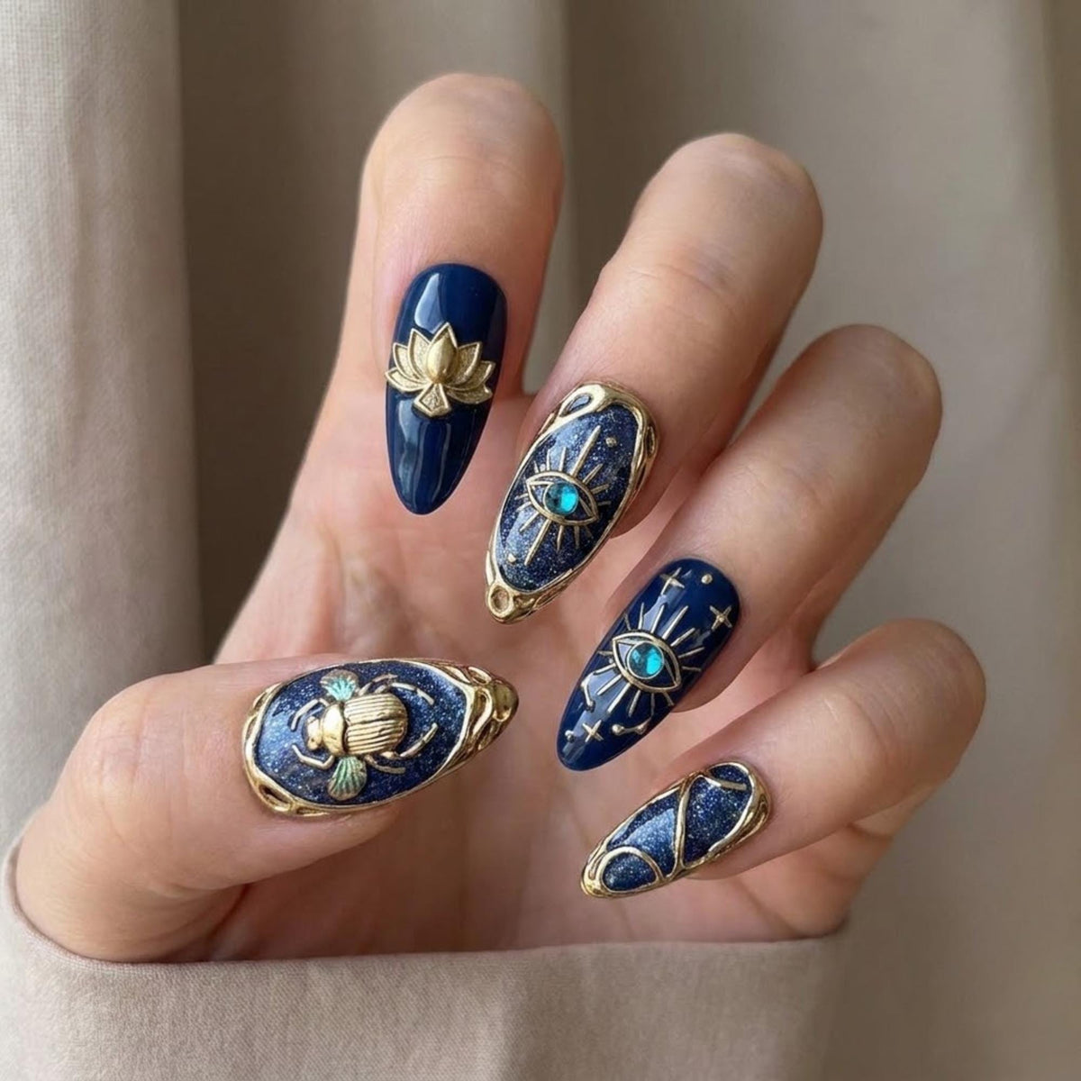 Egyptian Scarab Navy and Gold 3D Press On Nails