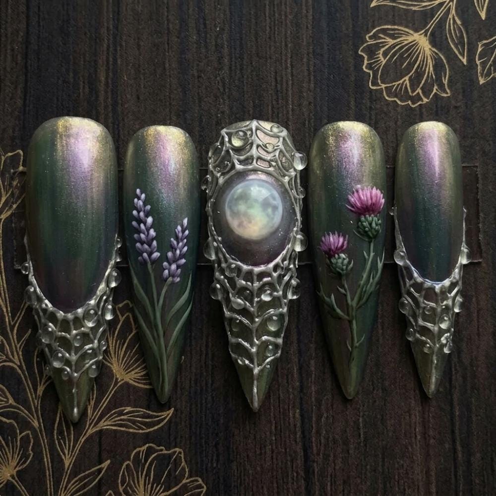 Elven Armor Press On Nails With Silver Filigree, Opalescent Centerpiece, and Purple Thistle