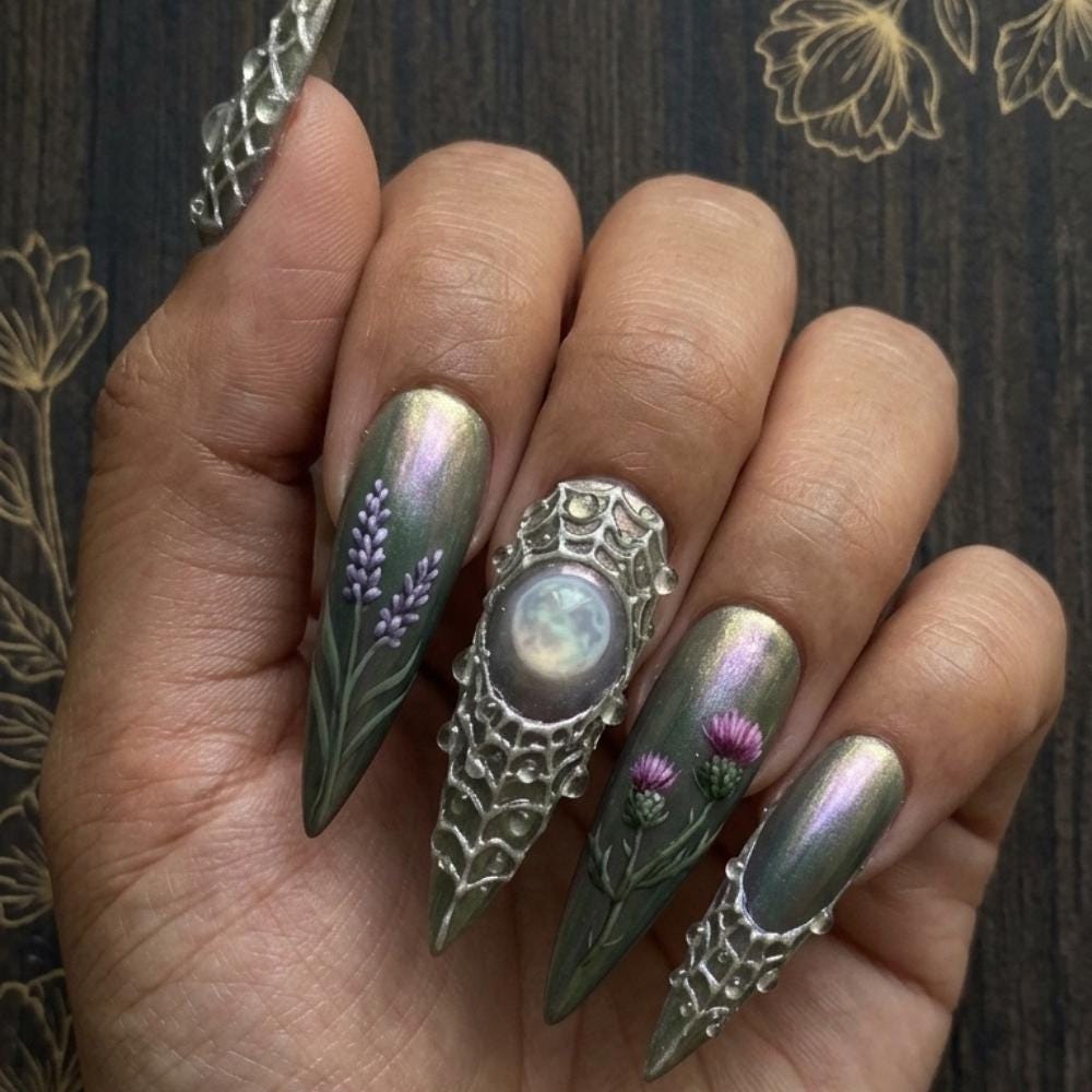 Elven Armor Press On Nails With Silver Filigree, Opalescent Centerpiece, and Purple Thistle