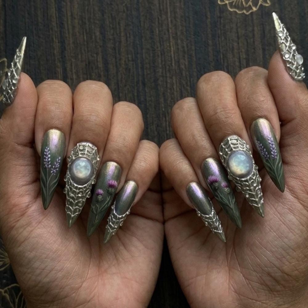 Elven Armor Press On Nails With Silver Filigree, Opalescent Centerpiece, and Purple Thistle