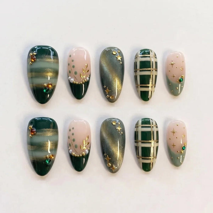 Emerald and Sage Green Gold Plaid Cat Eye Christmas Press On Nail Set