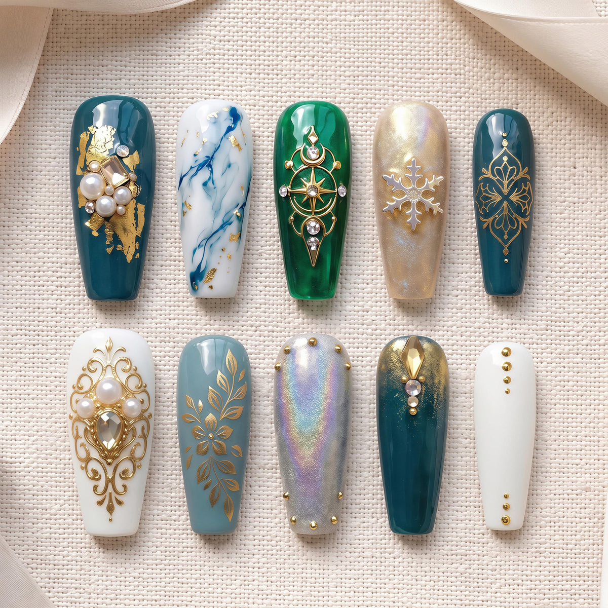 Emerald and Teal Winter Nails with Gold Snowflakes, Marble, Pearls and Rhinestones