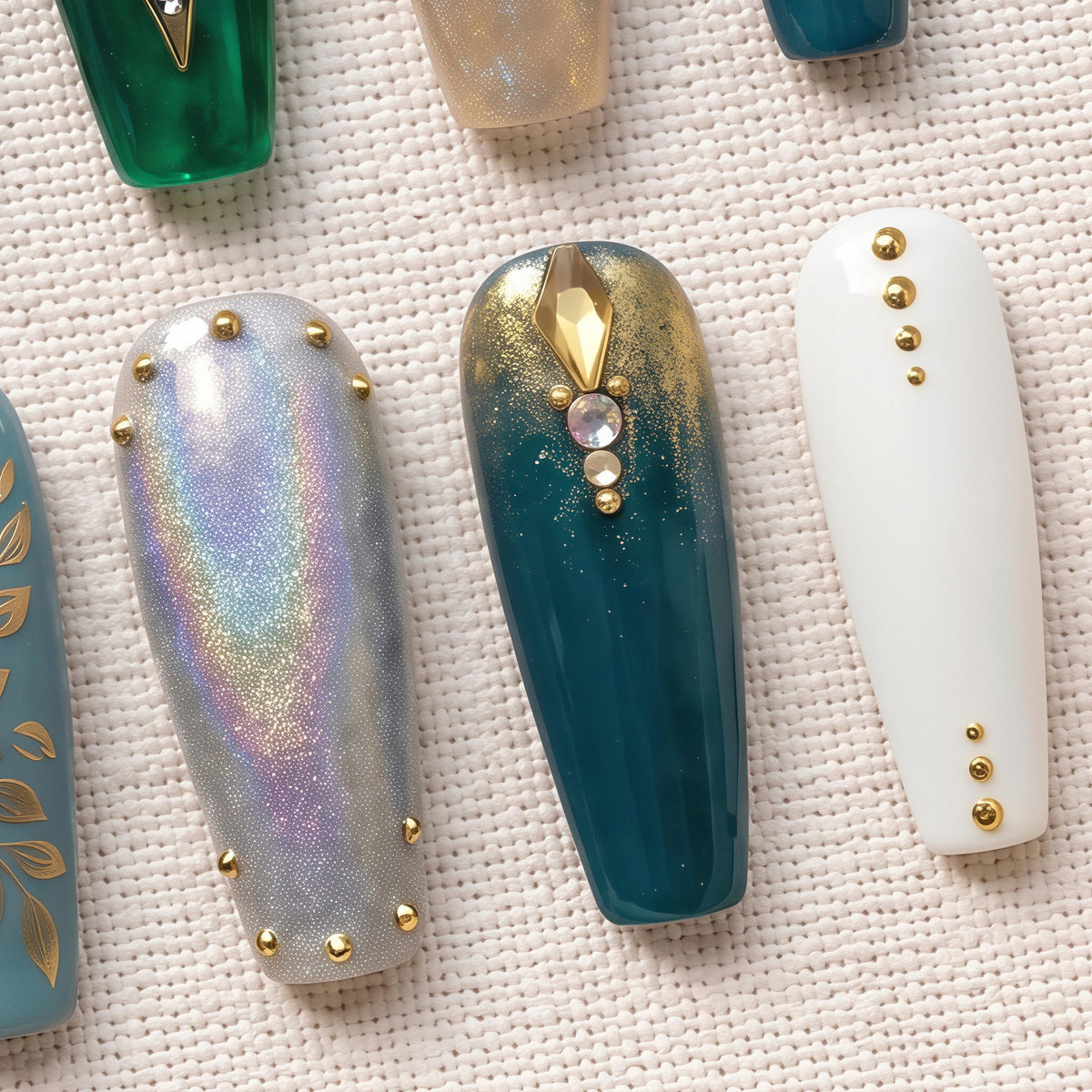 Emerald and Teal Winter Nails with Gold Snowflakes, Marble, Pearls and Rhinestones