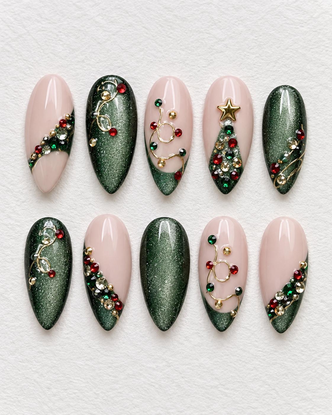 Emerald Cat-Eye Christmas Nails with Rhinestone Tree and Gold Details