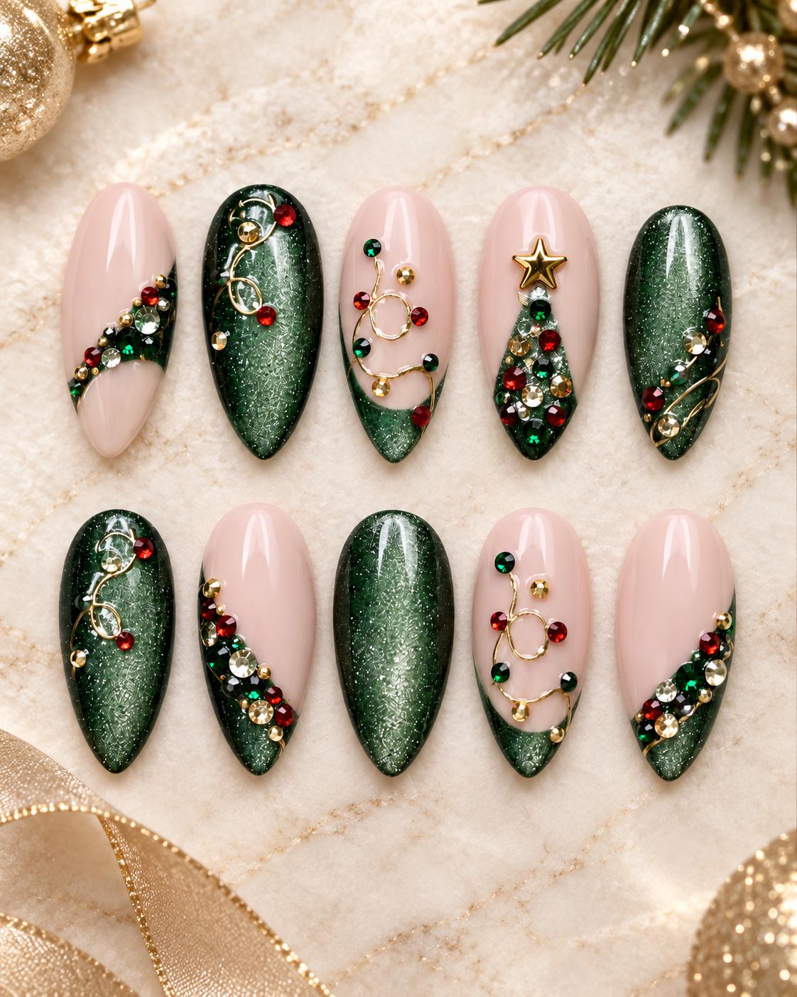 Emerald Cat-Eye Christmas Nails with Rhinestone Tree and Gold Details