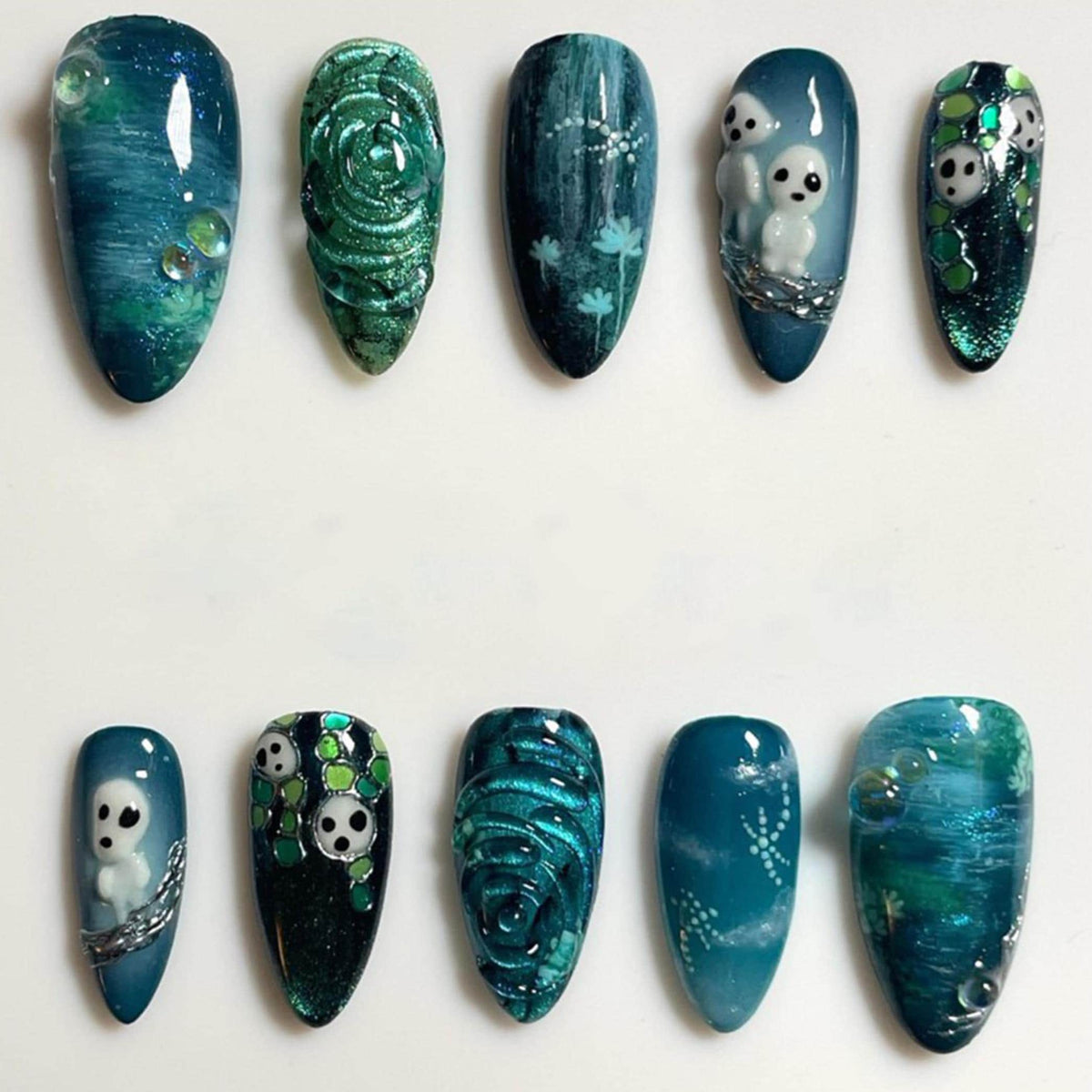 Emerald Cat Eye Forest Spirit Press On Nails With 3D Faces and Stones