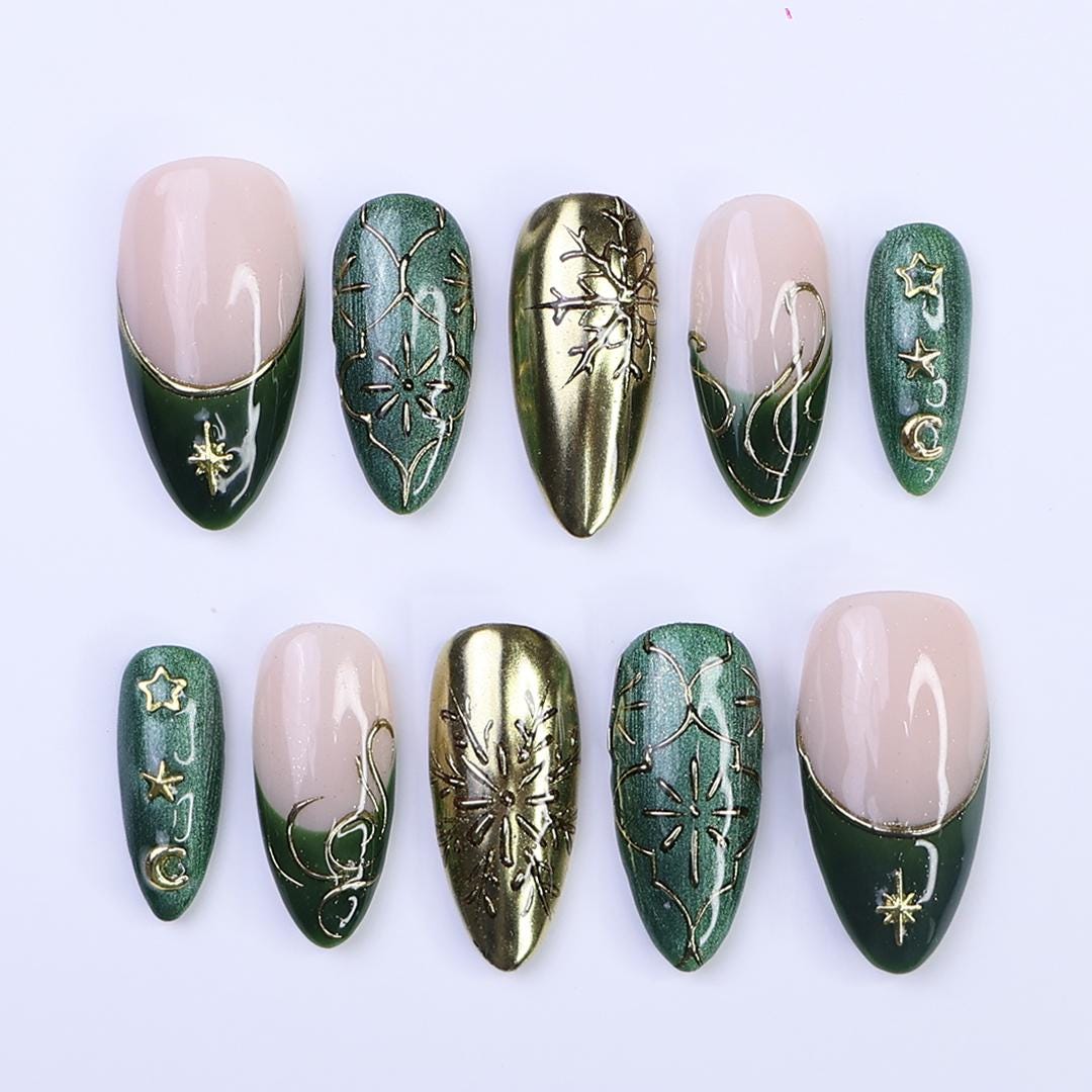 Emerald Green and Gold Celestial Christmas Press-On Nail Set