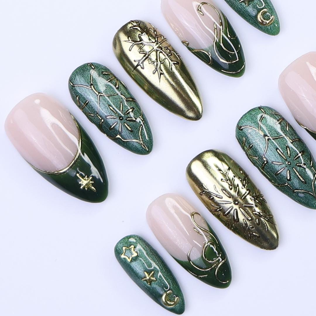 Emerald Green and Gold Celestial Christmas Press-On Nail Set