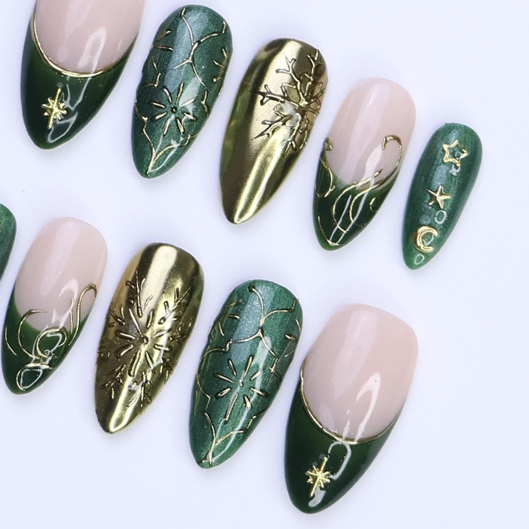 Emerald Green and Gold Celestial Christmas Press-On Nail Set