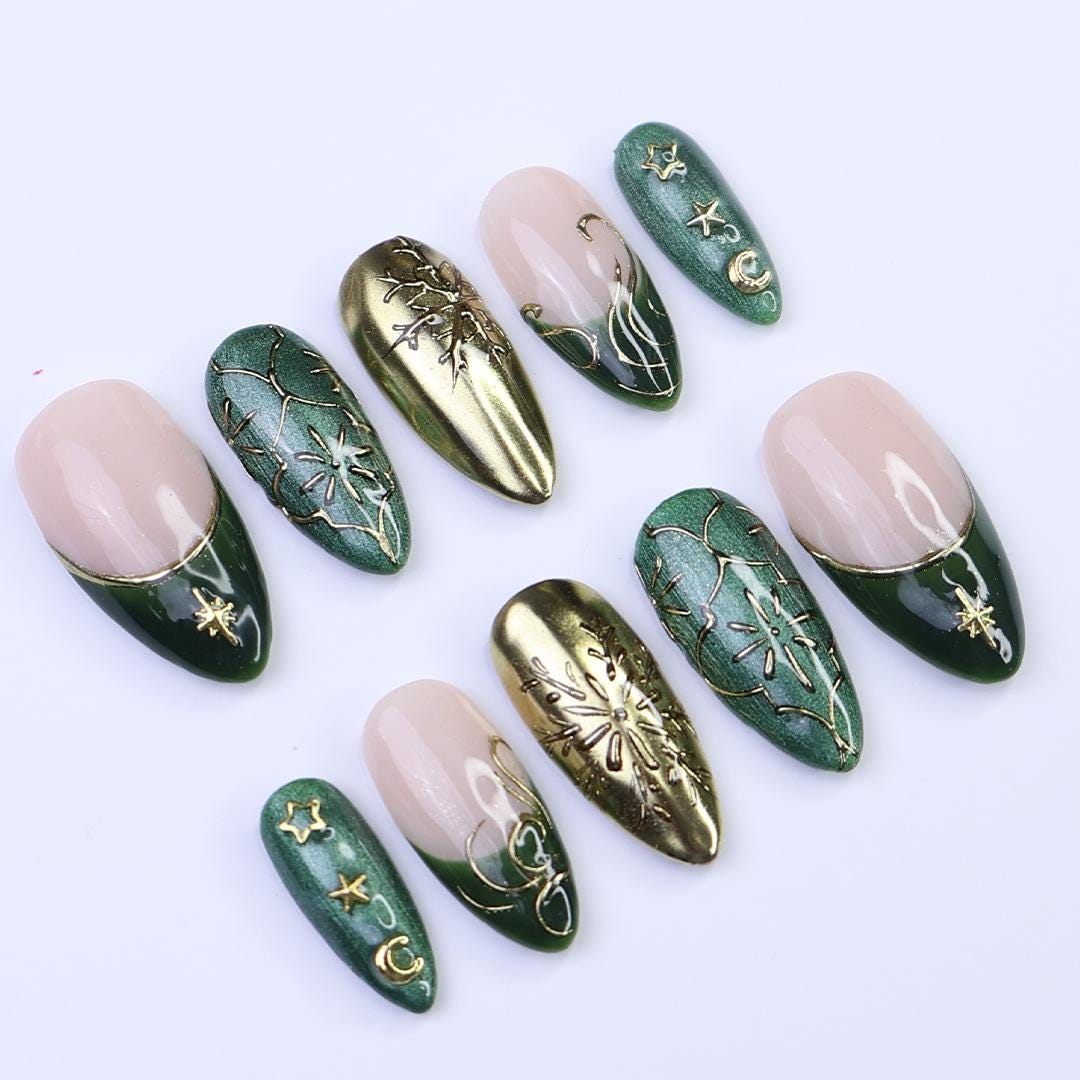 Emerald Green and Gold Celestial Christmas Press-On Nail Set
