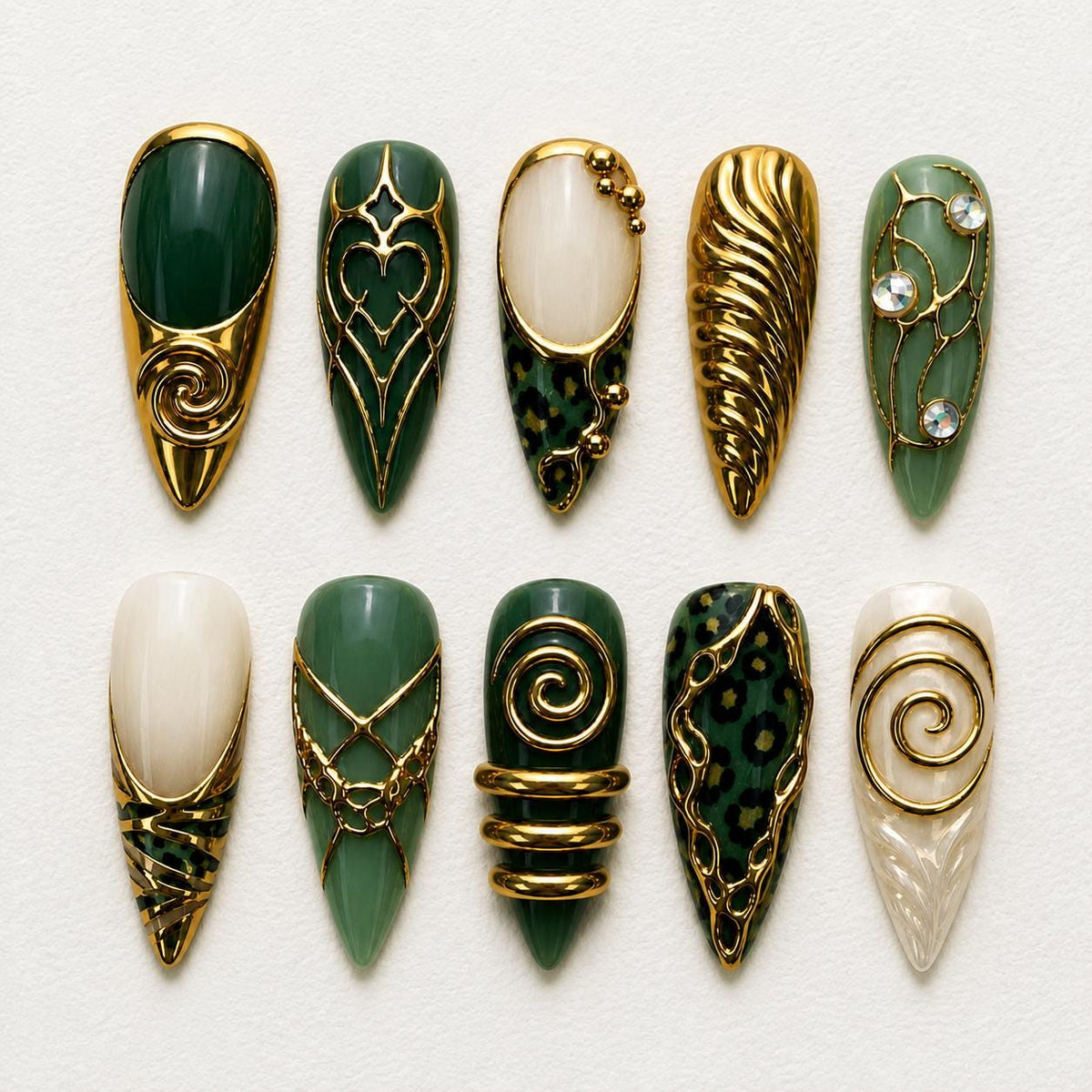 Emerald Green and Gold Leopard Press-On Nail Set