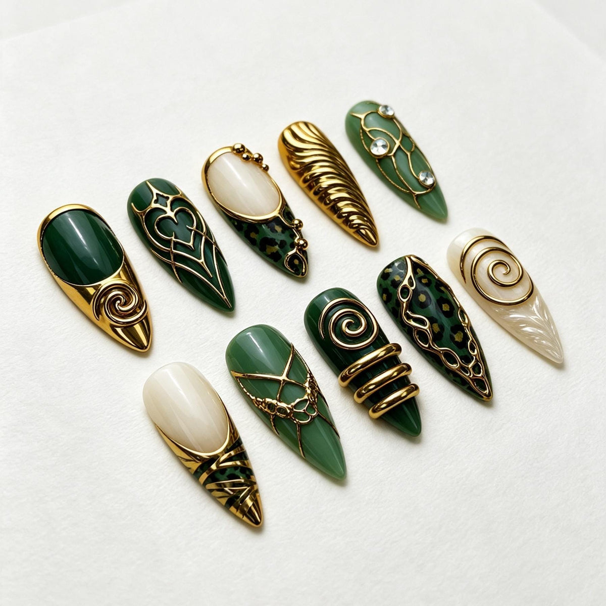 Emerald Green and Gold Leopard Press-On Nail Set