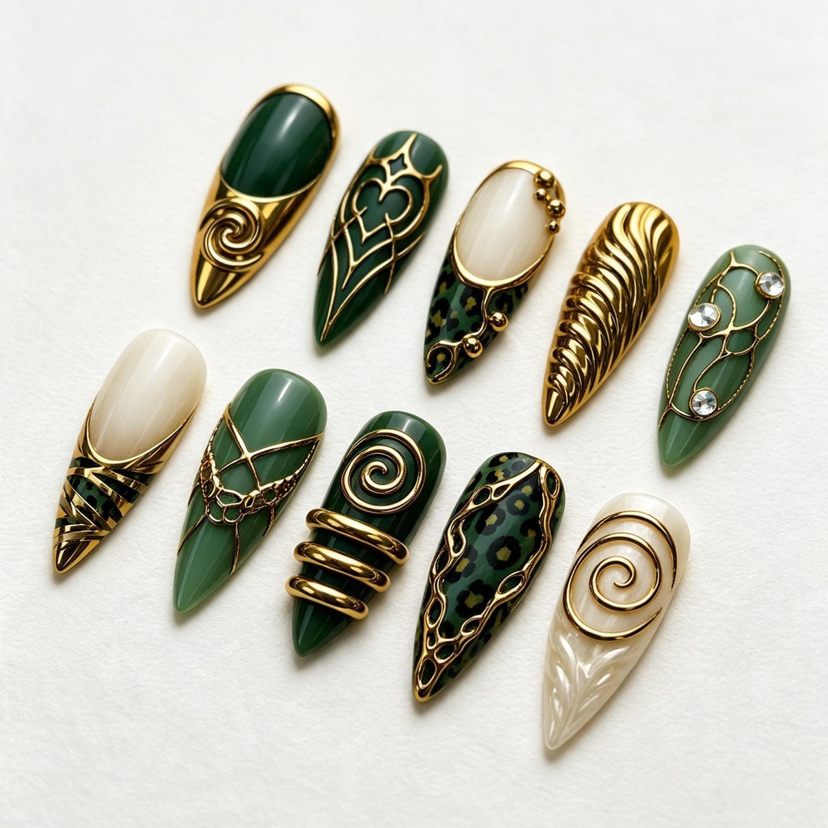 Emerald Green and Gold Leopard Press-On Nail Set