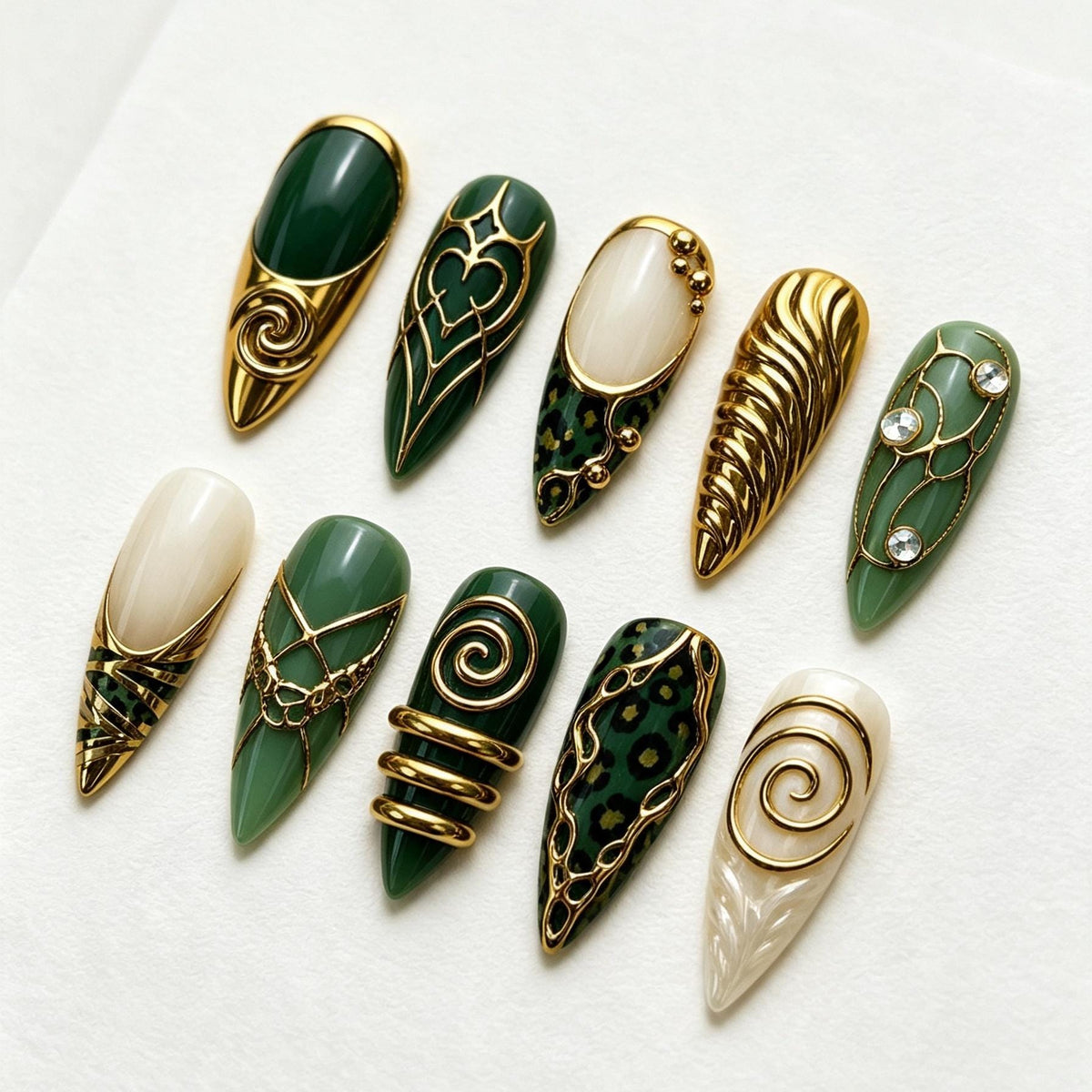 Emerald Green and Gold Leopard Press-On Nail Set