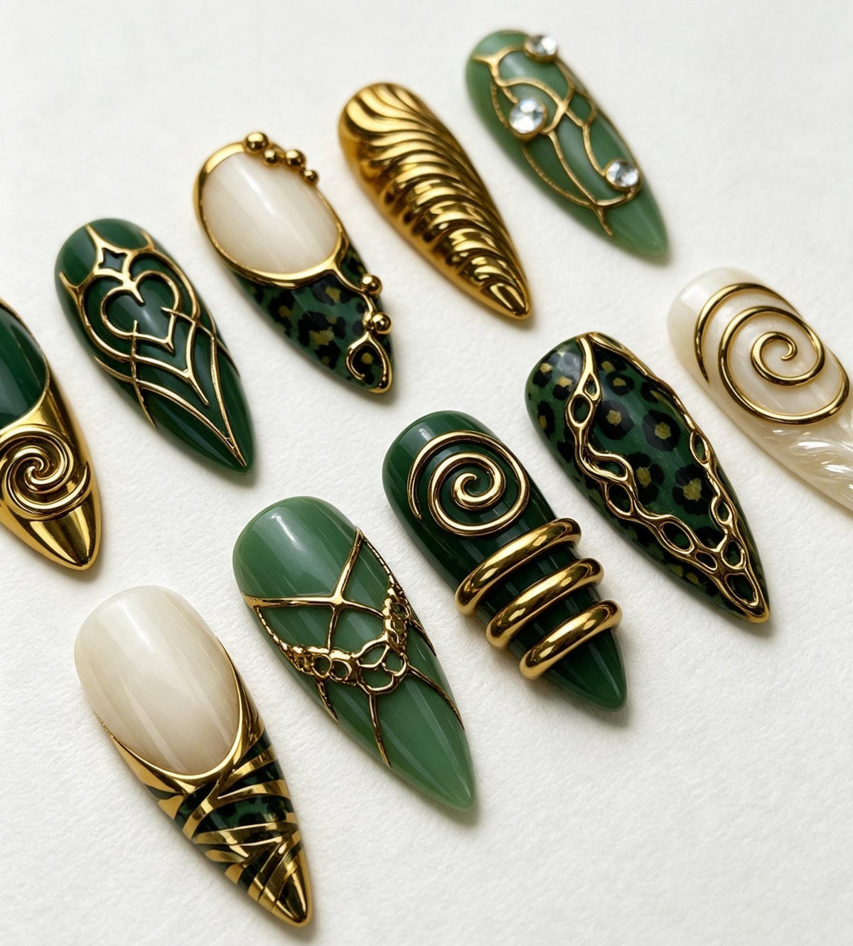 Emerald Green and Gold Leopard Press-On Nail Set