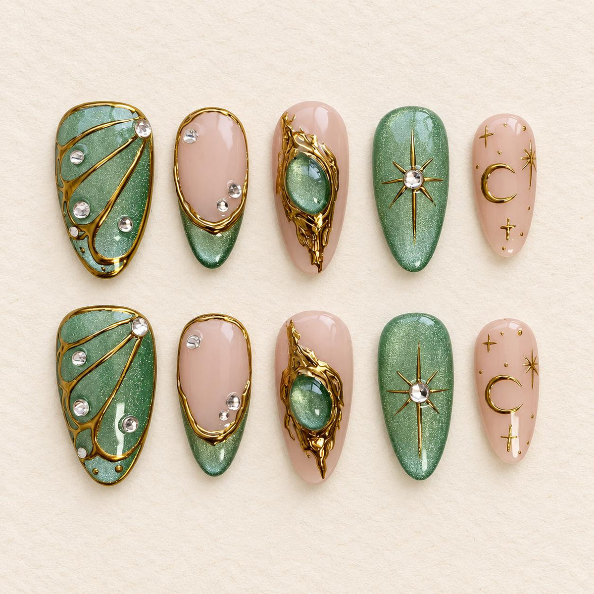 Emerald Green and Nude Celestial Gemstone Nail Set with Gold Details