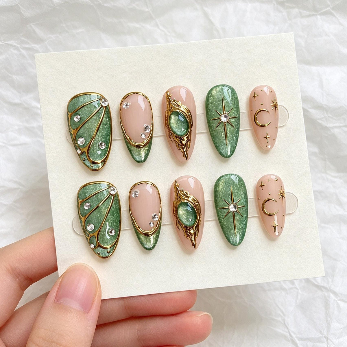 Emerald Green and Nude Celestial Gemstone Nail Set with Gold Details