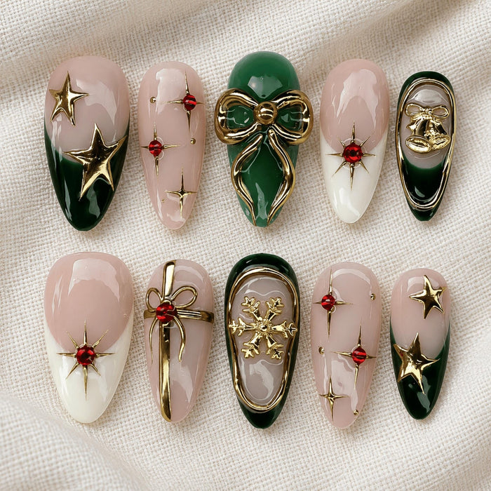 Emerald Green and Nude Christmas Press On Nails with Gold Bows, Bells and Snowflakes