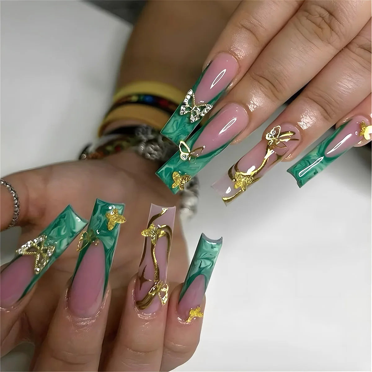 Emerald Green and Pink French Tip Press-On Nails with Gold Charms