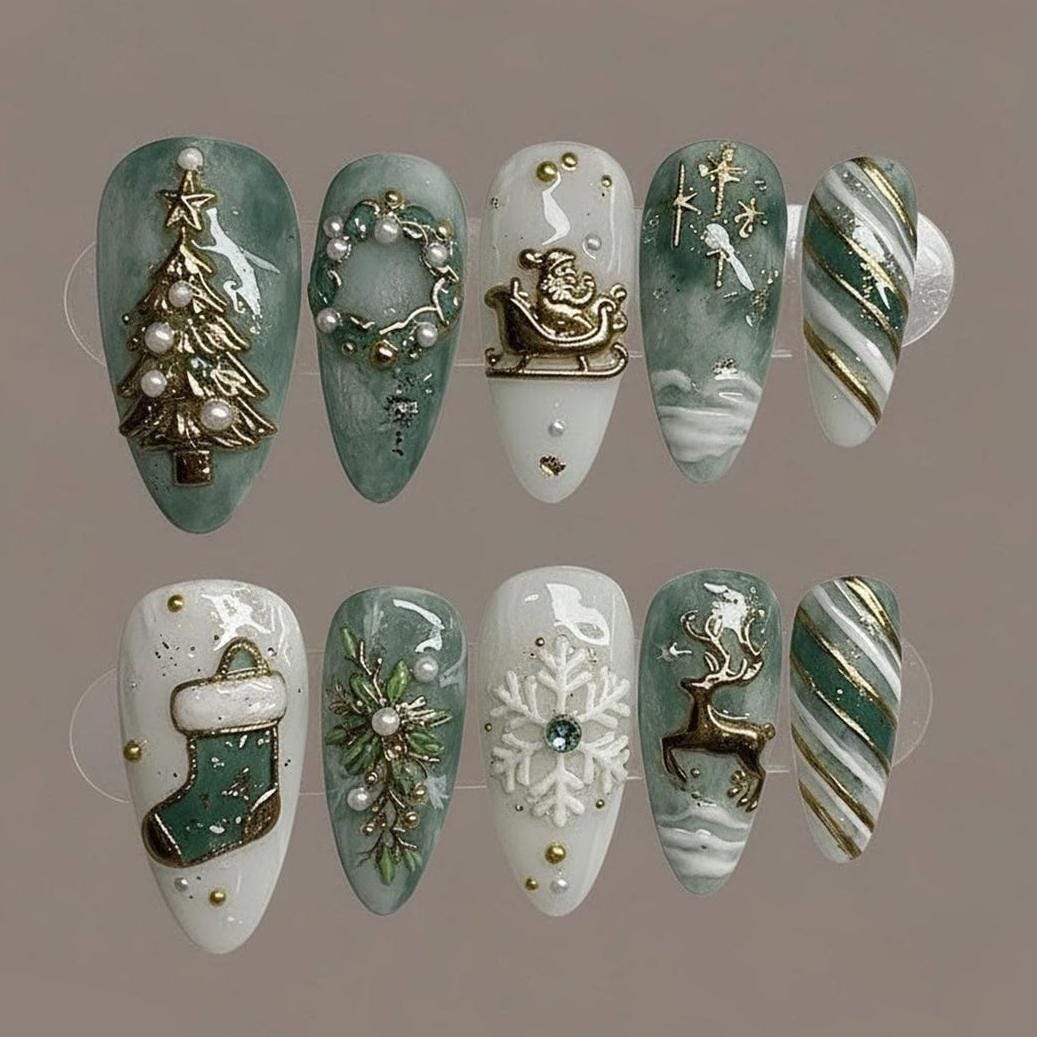 Emerald Green and White Christmas Nails with Gold Details