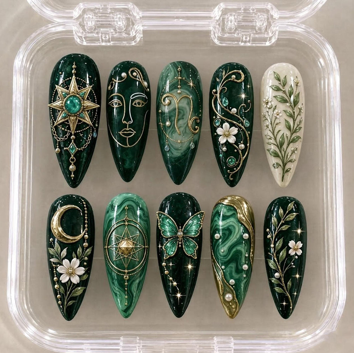 Emerald Green Botanical Celestial Nails with Gold Filigree, Flowers, Moon and Stars