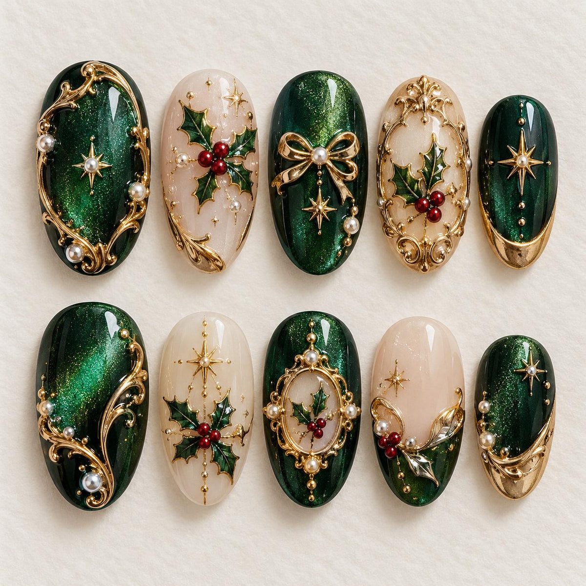 Emerald Green Cat-Eye Christmas Nails With Gold Baroque Frames, Holly and Pearl Details