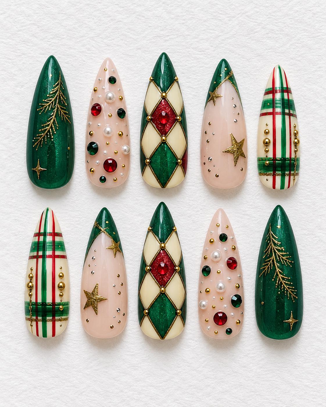 Emerald Green Christmas Argyle and Plaid Nails with Gold Details and Red Gems