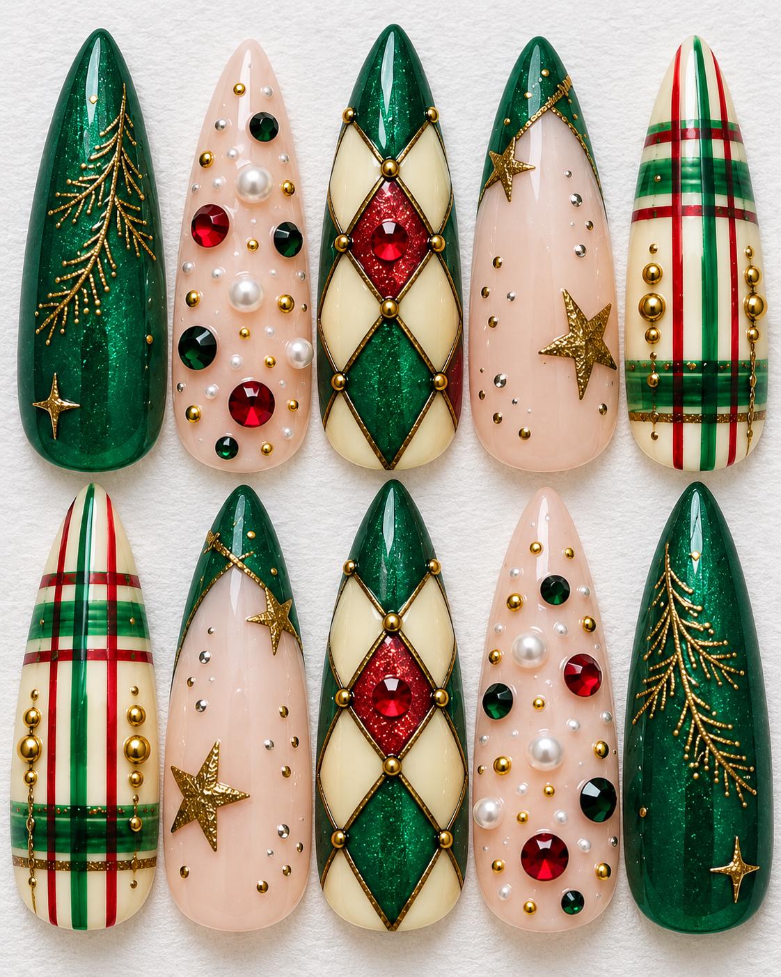 Emerald Green Christmas Argyle and Plaid Nails with Gold Details and Red Gems