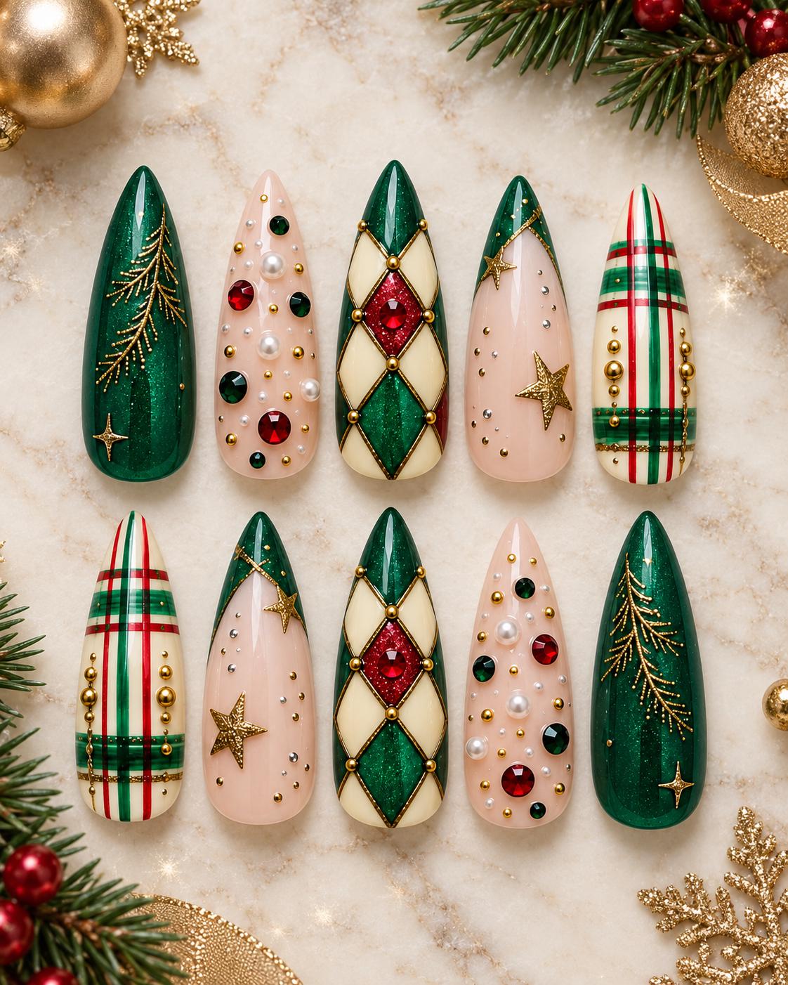 Emerald Green Christmas Argyle and Plaid Nails with Gold Details and Red Gems