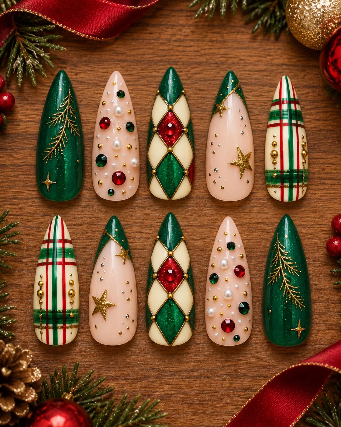 Emerald Green Christmas Argyle and Plaid Nails with Gold Details and Red Gems