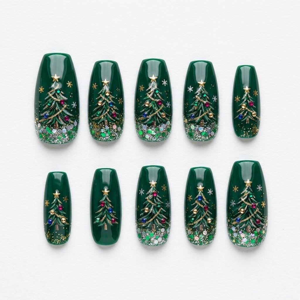 Emerald Green Christmas Tree Nails With Gold Garland and Colorful Ornaments