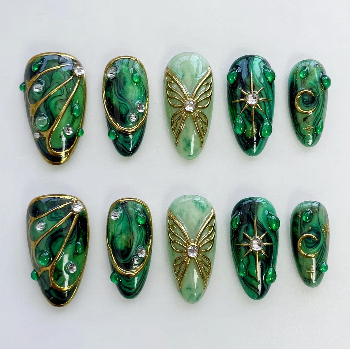 Emerald Green Marble Press On Nails with Gold Butterflies and Celestial Compass Details
