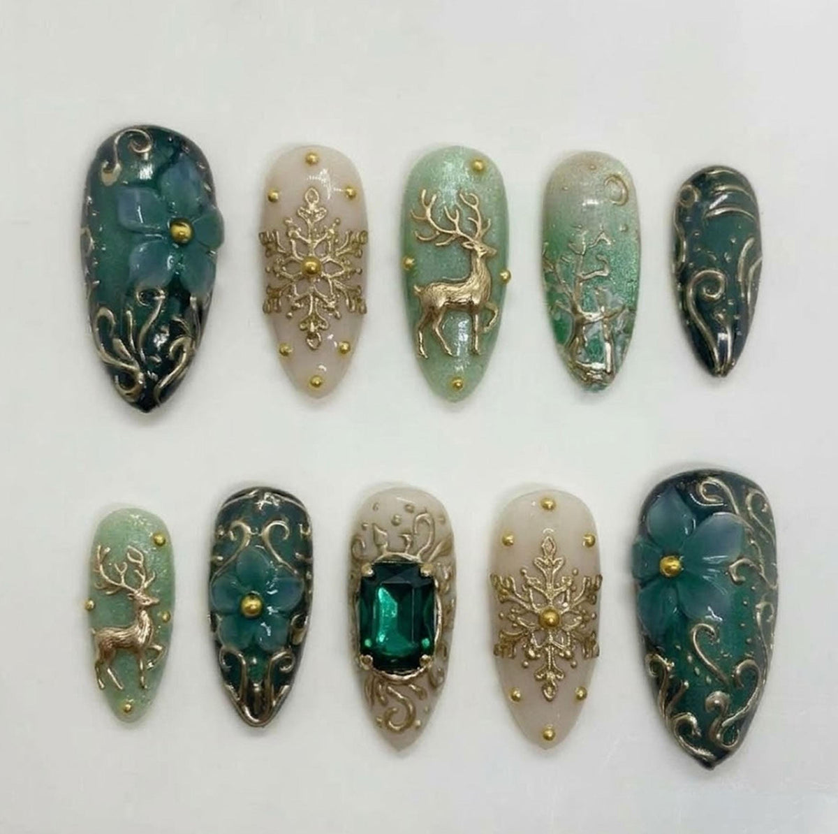 Emerald Reindeer Christmas Press On Nails With Gold Scrollwork and Snowflakes
