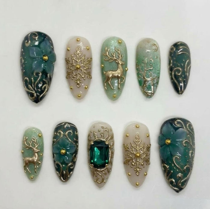 Emerald Reindeer Christmas Press On Nails With Gold Scrollwork and Snowflakes