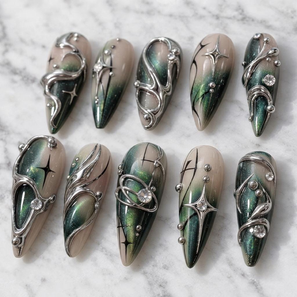 Emerald Teal Cat Eye Nails with 3D Silver Chrome Swirls and Rhinestones