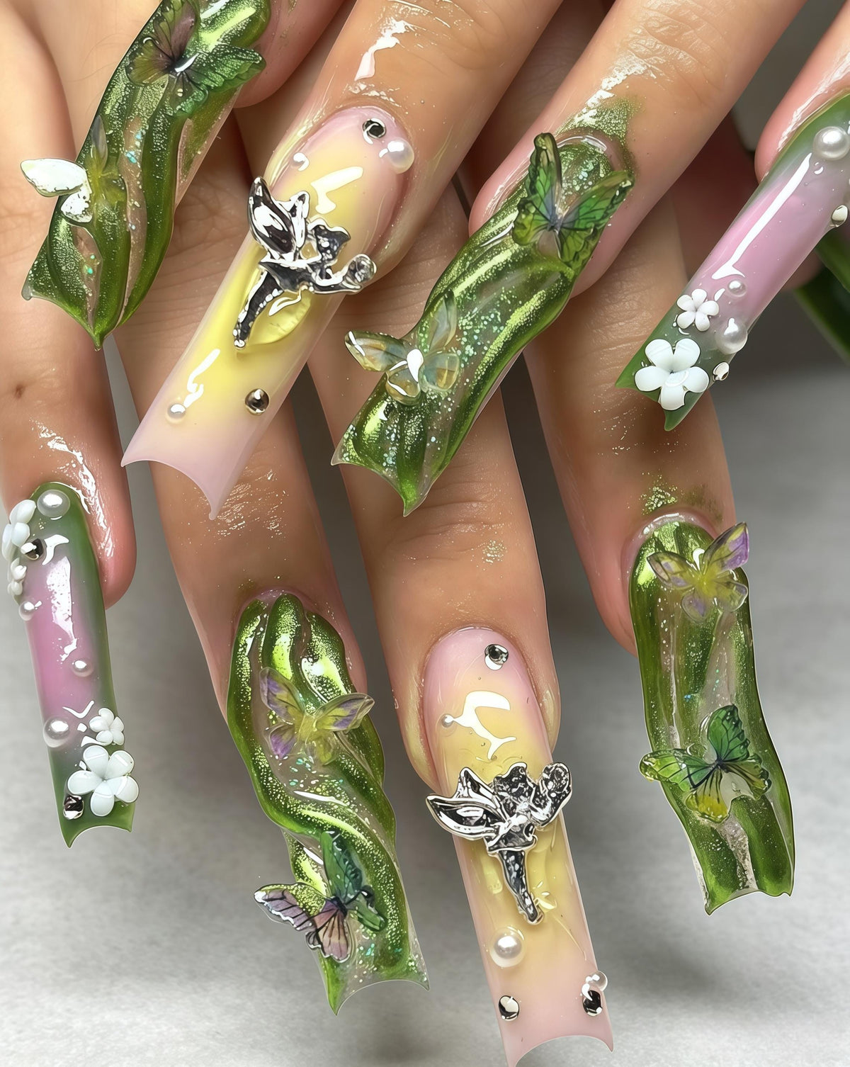 Enchanted Forest Butterfly Press On Nails With Sculpted Leaves, Flowers, Pearls and Silver Charms