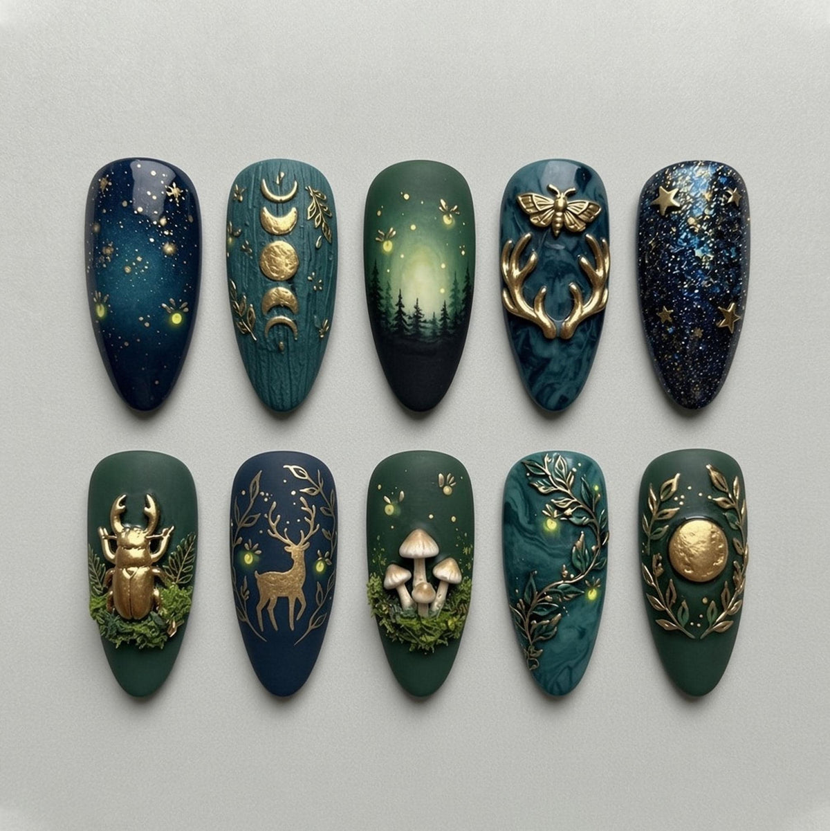 Enchanted Forest Celestial Nails With Gold Moth, Mushrooms, and Forest Details