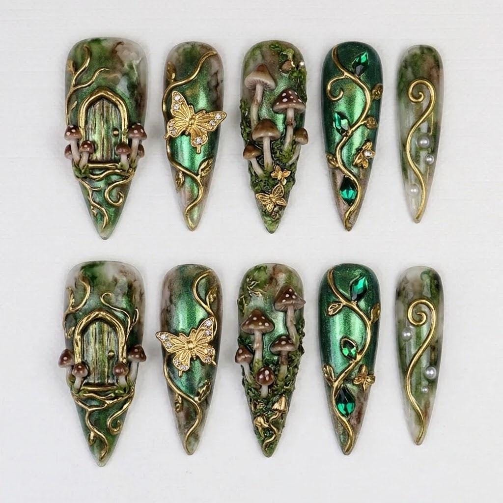 Enchanted Forest Green Marble Nails with 3D Mushrooms, Gold Vines, and Fairy Garden Details