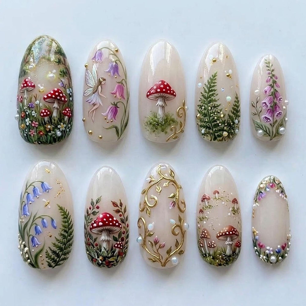 Enchanted Forest Mushroom, Fern and Wildflower Press-On Nail Set
