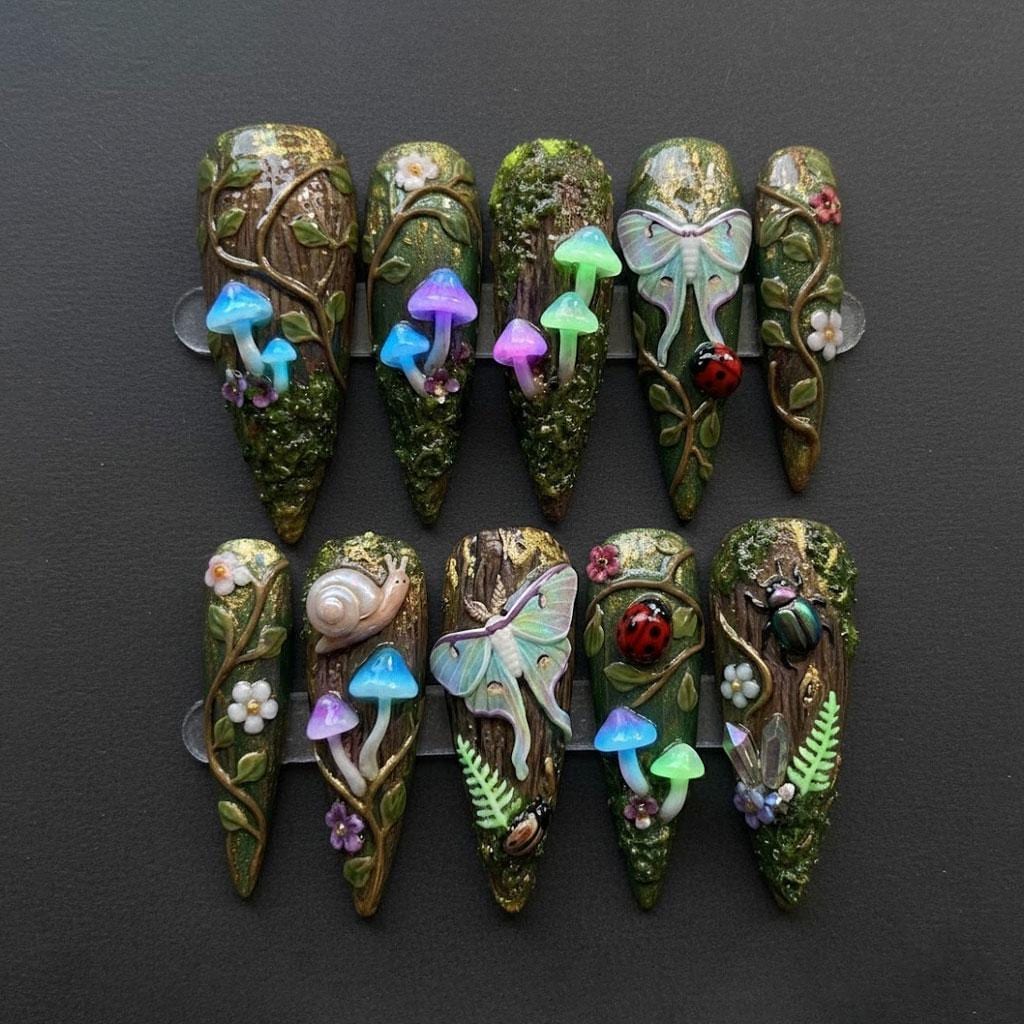 Enchanted Forest Nails with Mushrooms, Butterflies, Flowers and Snails
