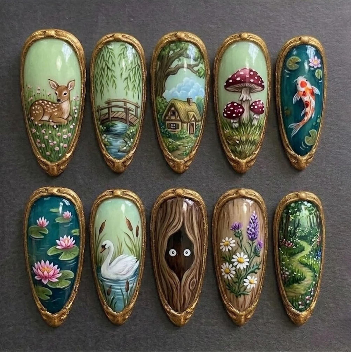 Enchanted Forest Nails With Woodland Scenes and Gold Frames