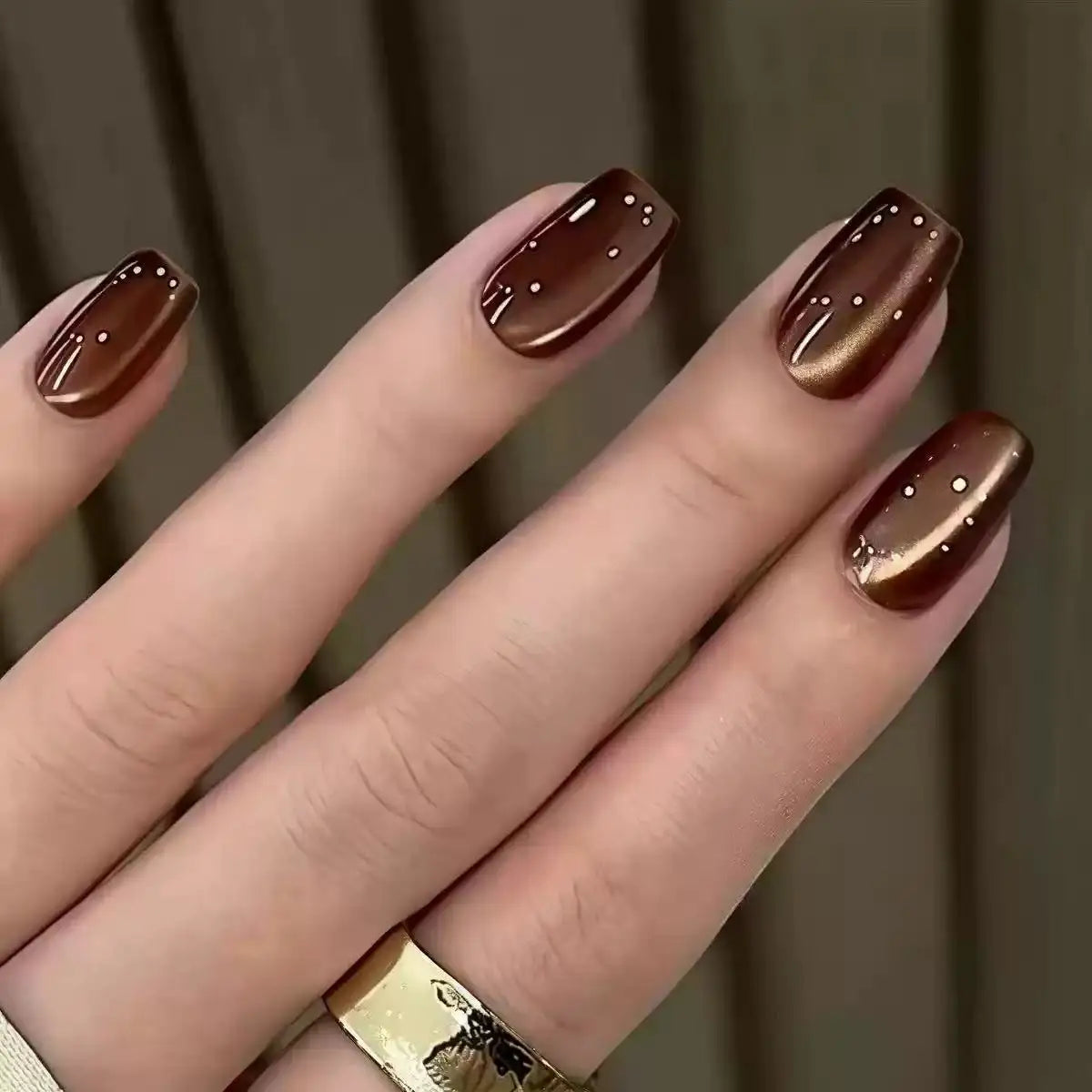 Espresso Brown and Gold Cat Eye Press-On Nail Set
