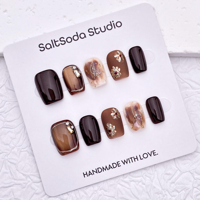 Espresso Brown Daisy and Marble Press On Nails with Gold Details