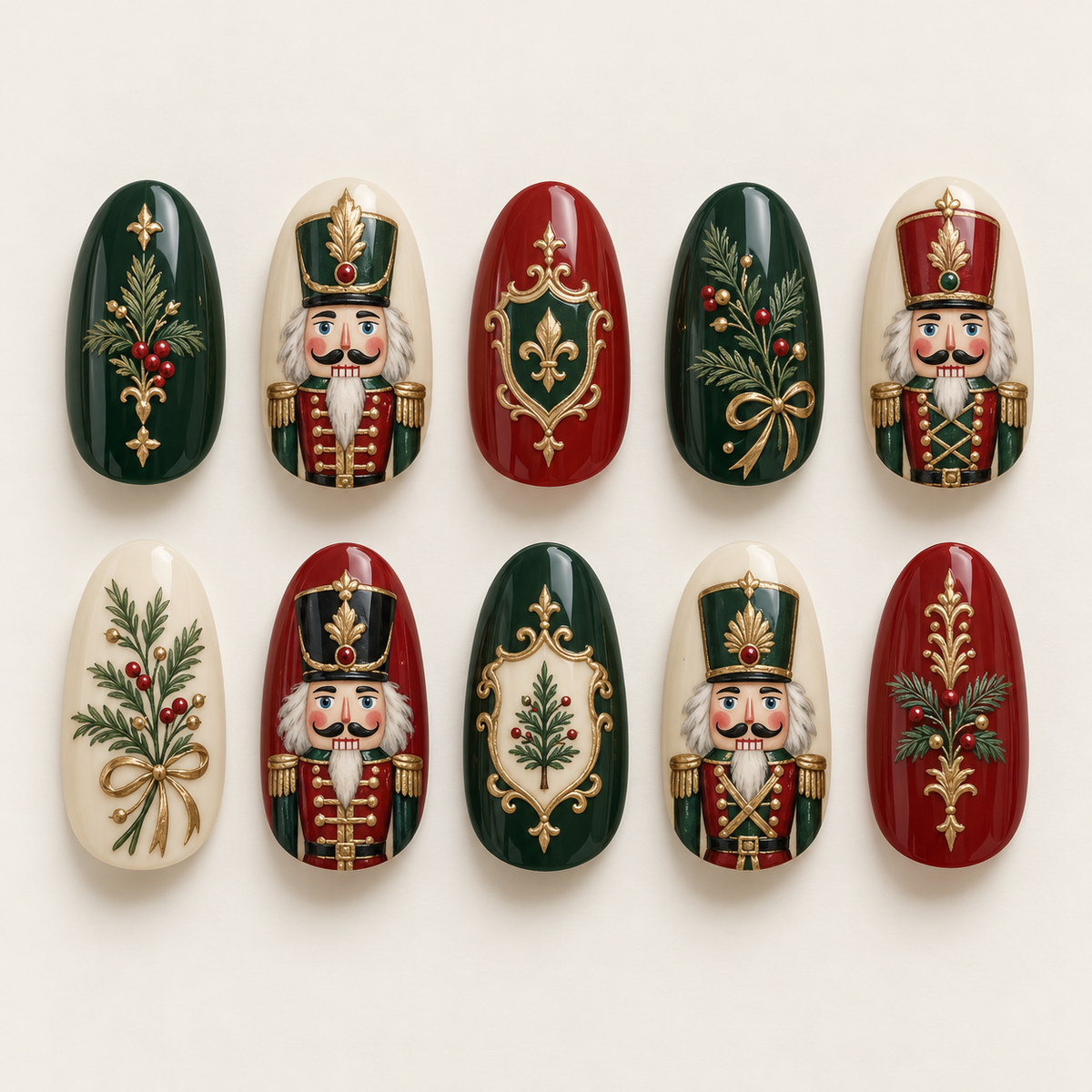 Evergreen Nutcracker Nails With Gold Borders