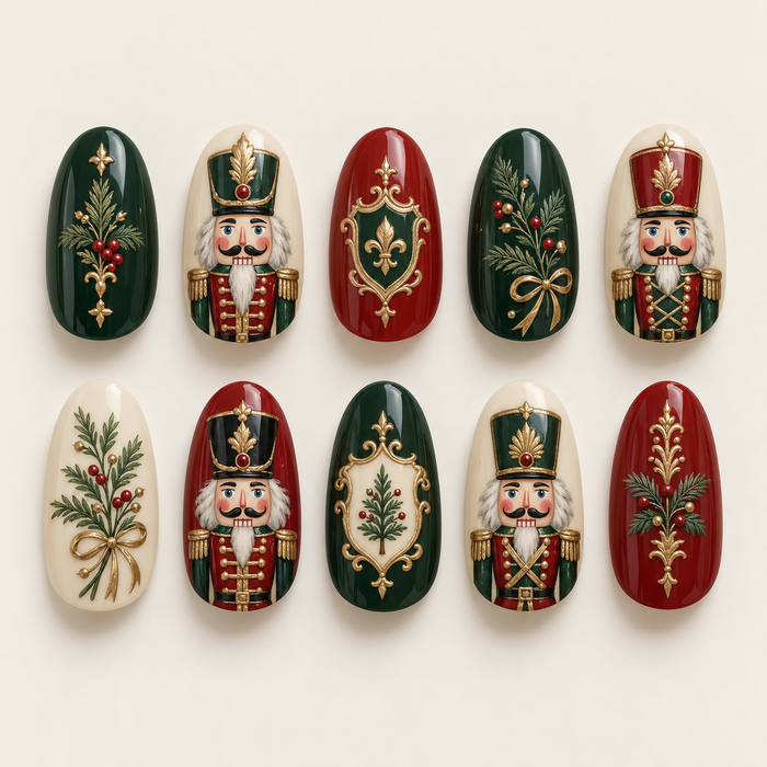 Evergreen Nutcracker Press On Nails With Gold Borders