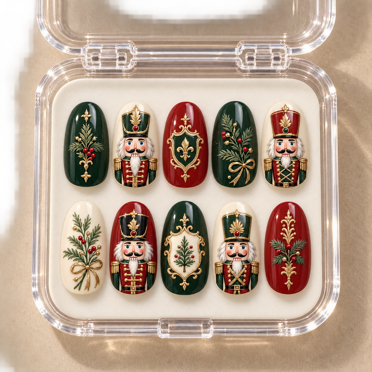 Evergreen Nutcracker Nails With Gold Borders